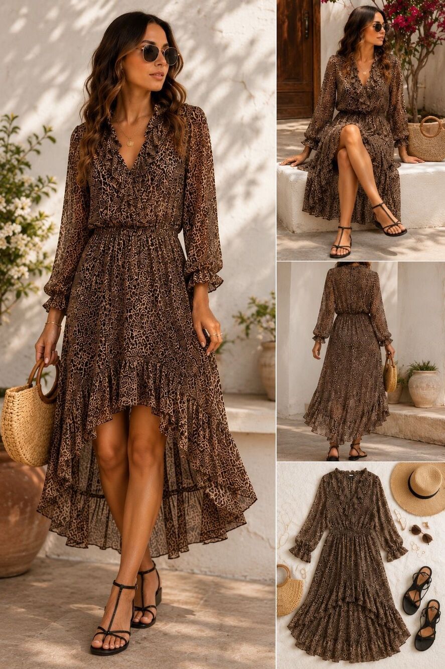 1.STATE Leopard Print Ruffle Midi Dress XS NWT Smocked Waist High Low Hem V-Neck